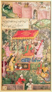 De Mogolkeizer Babur ontvangt de gezanten Uzbeg en Rauput in de tuin van Agra op 18 december 1528, de keizer zit op een troon onder een baldakijn; de vestingwerken van Agra zijn op de achtergrond door Indian School